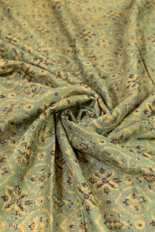 Aishwarya~ Sage Green Tussar Silk Ajrakh Block Printed Saree