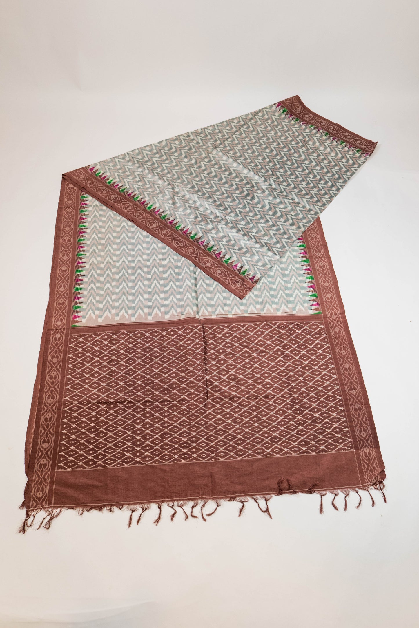 Anjana~ Grey, Brown & White Single Ikkat Pure Silk Saree
