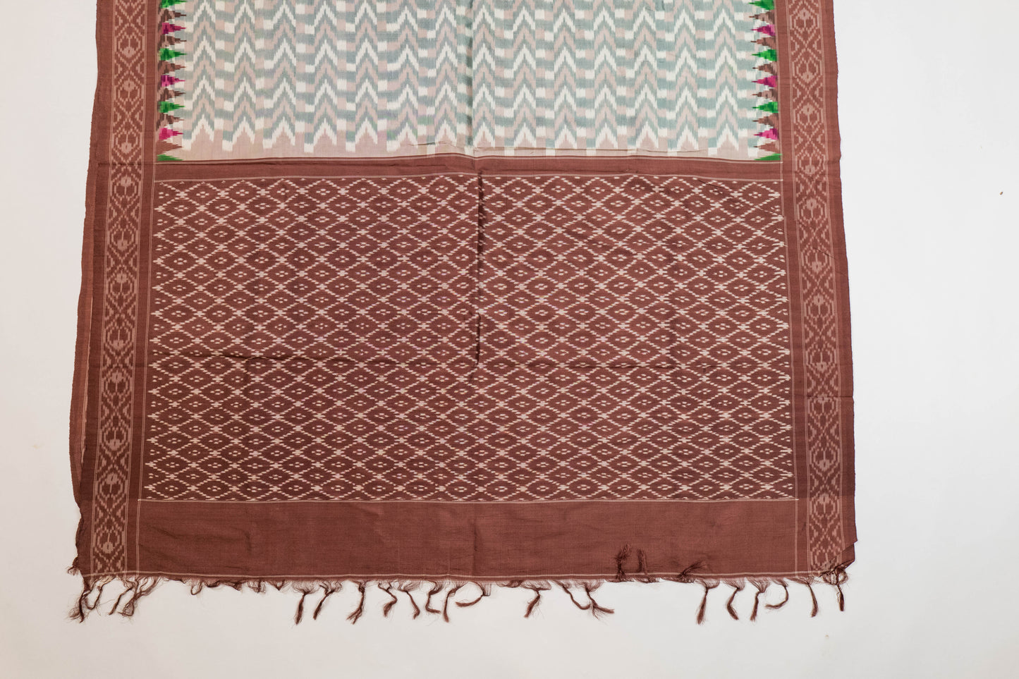 Anjana~ Grey, Brown & White Single Ikkat Pure Silk Saree