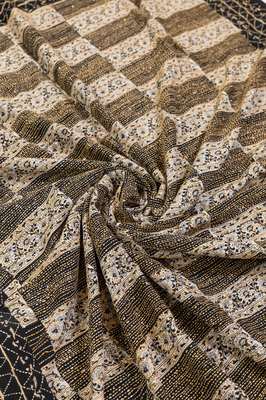 Alpa~ Pure Crepe Silk Kantha Saree with Attached Blouse
