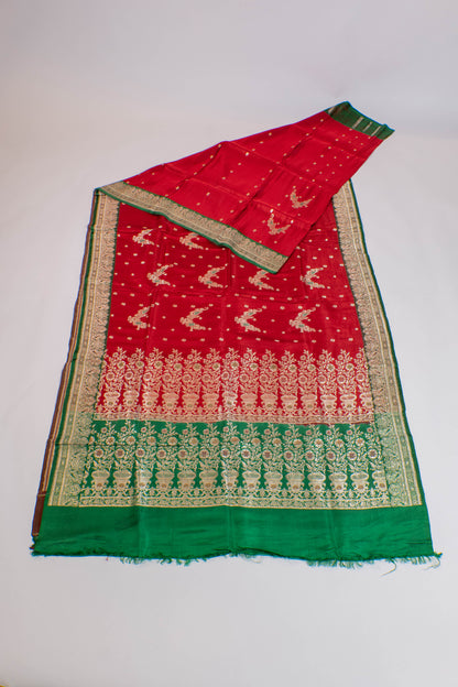Durgsaadhini~Roli Maroon Green Banarsee Saree