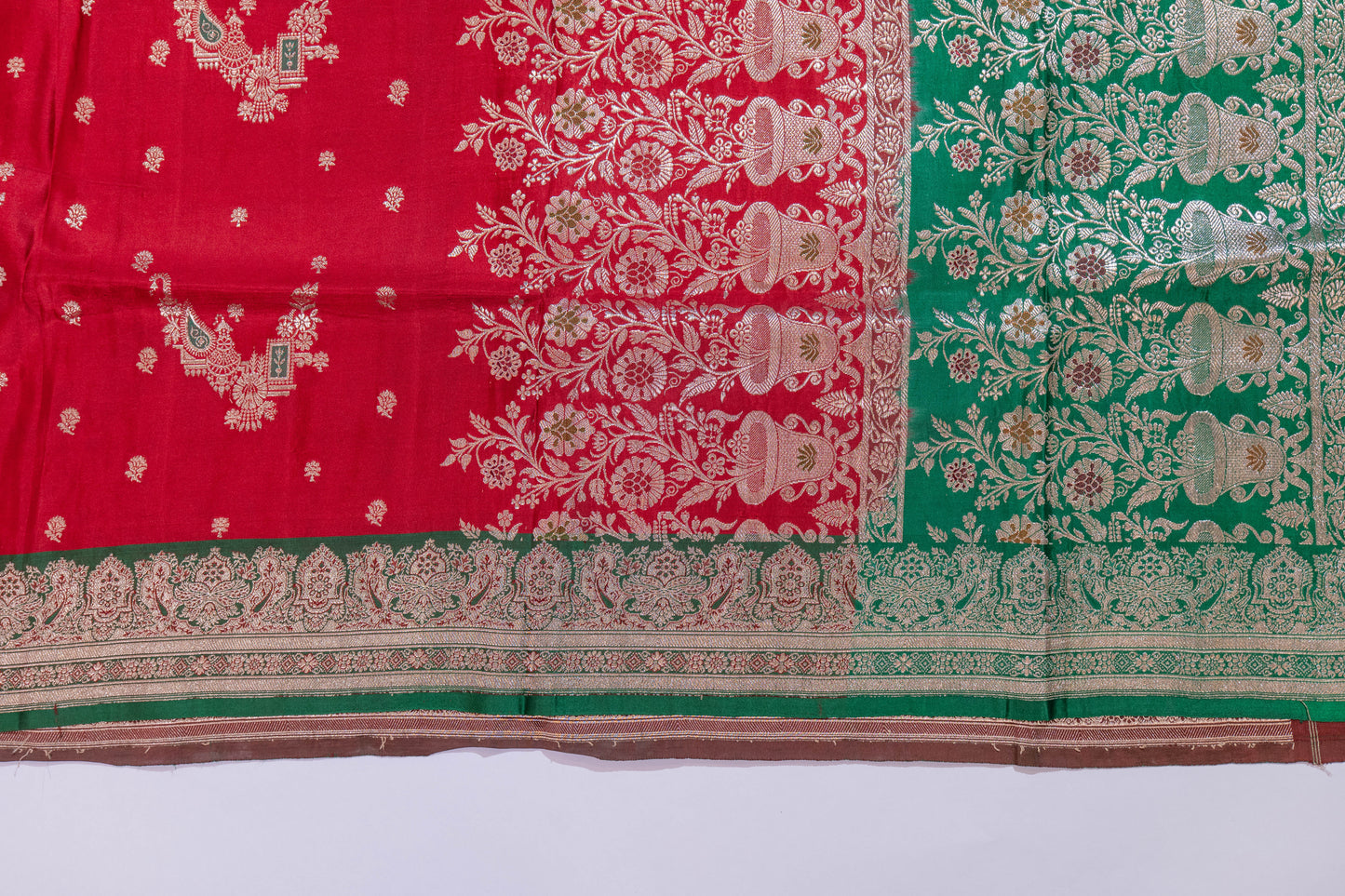 Durgsaadhini~Roli Maroon Green Banarsee Saree
