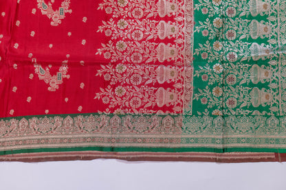 Durgsaadhini~Roli Maroon Green Banarsee Saree