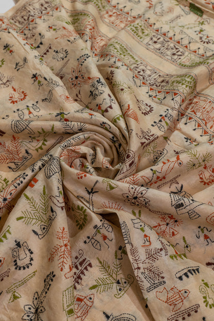 Aatmvaan~Kantha Pure Tussar Silk Saree