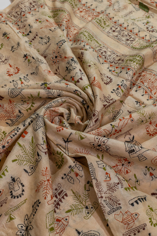 Aatmvaan~Kantha Pure Tussar Silk Saree