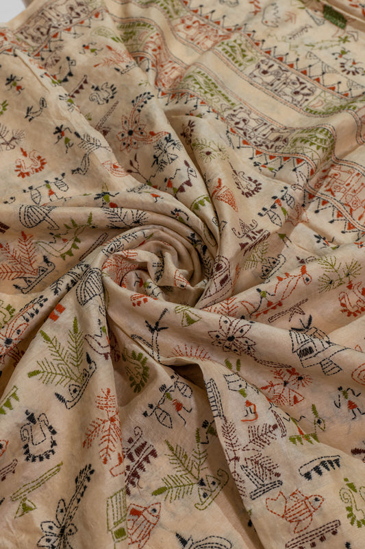 Warli Kantha Pure Tussar Silk Saree