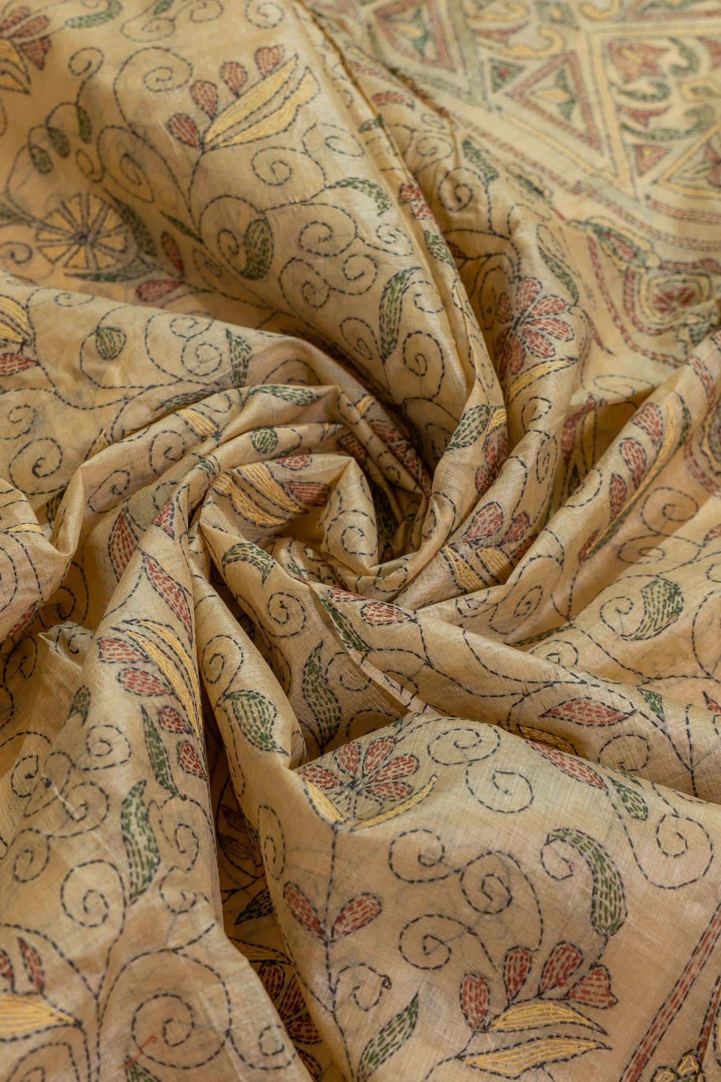 Aadityay~Kantha Goldenish Pure Tussar Silk Saree