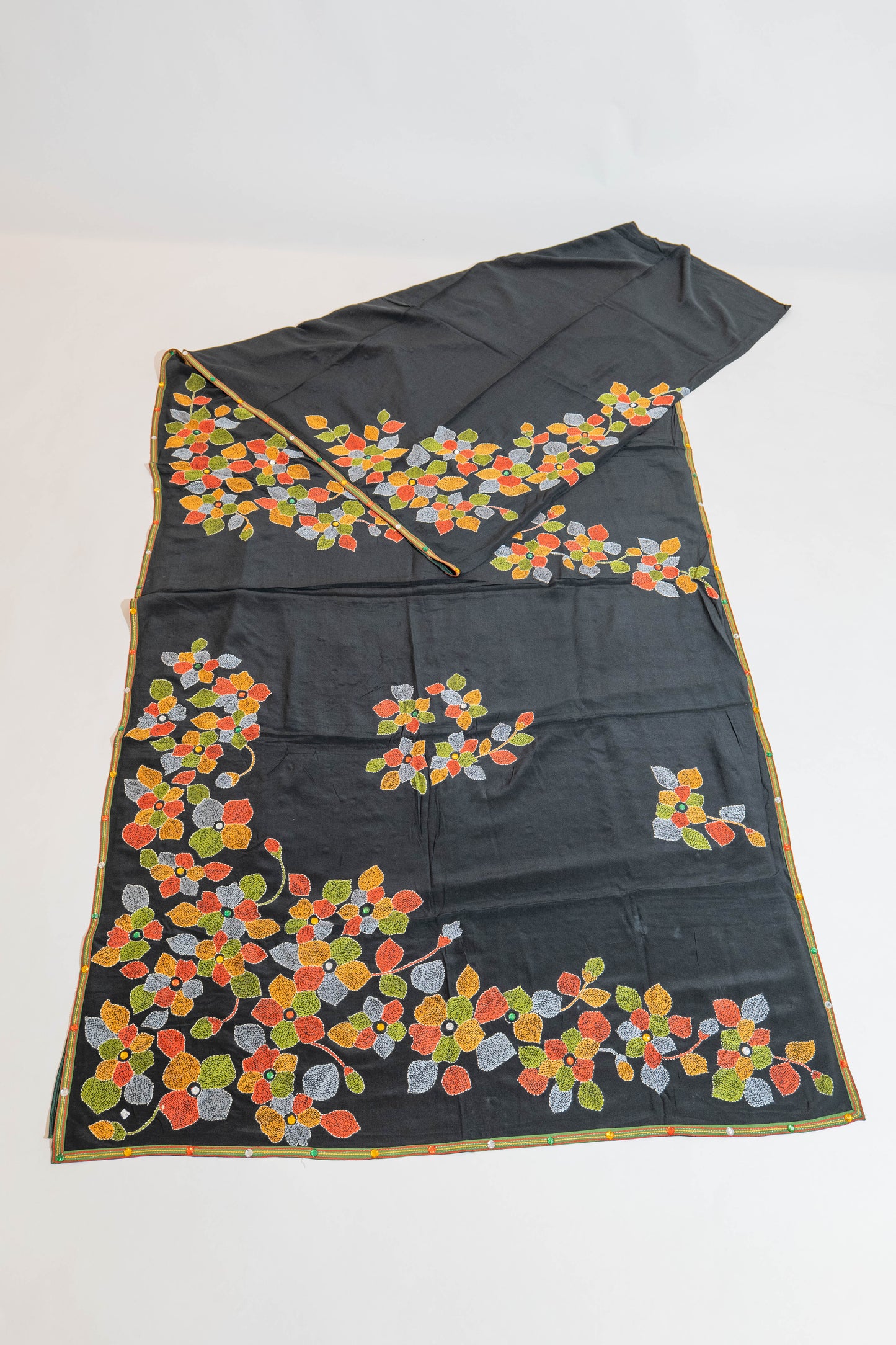 Gourye~Black Kantha Pure Crepe Silk Saree