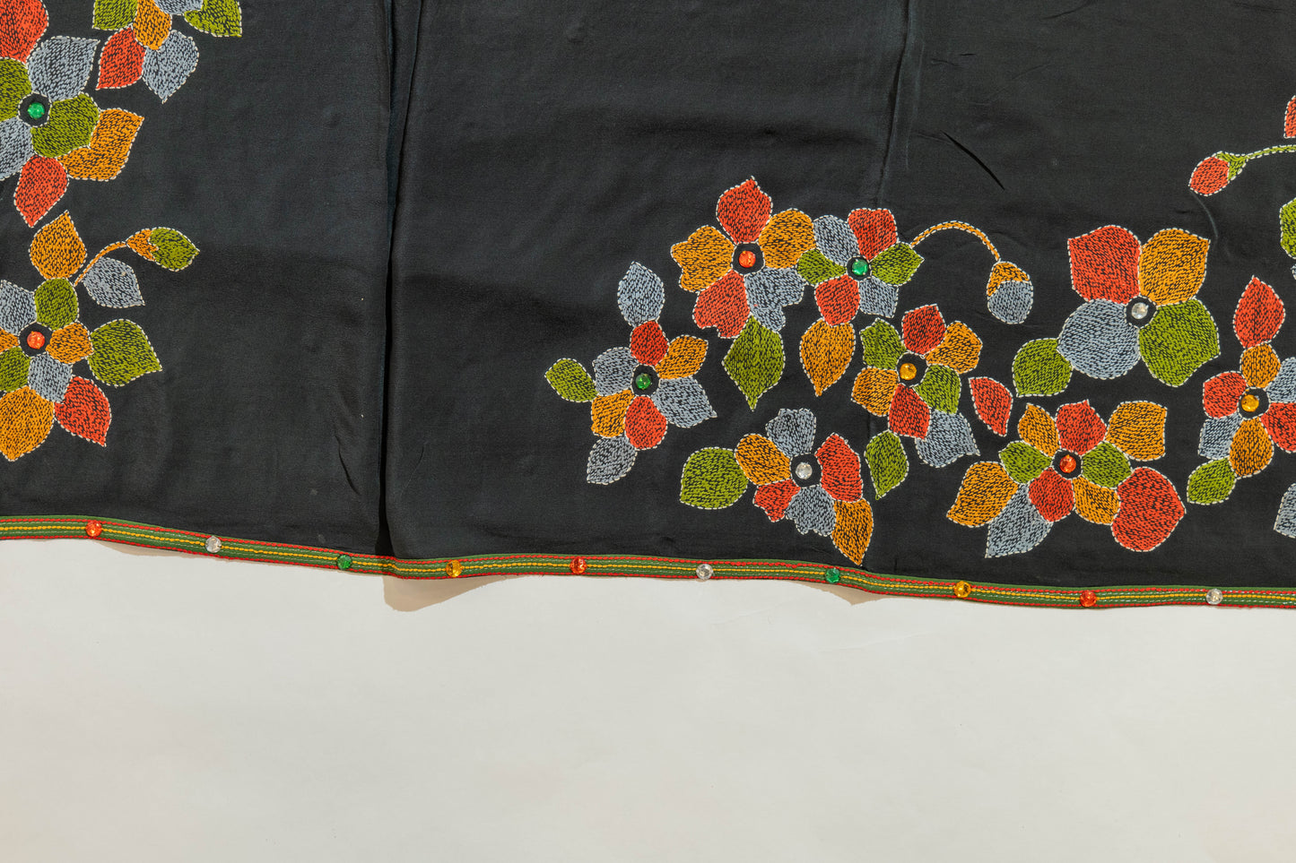 Gourye~Black Kantha Pure Crepe Silk Saree