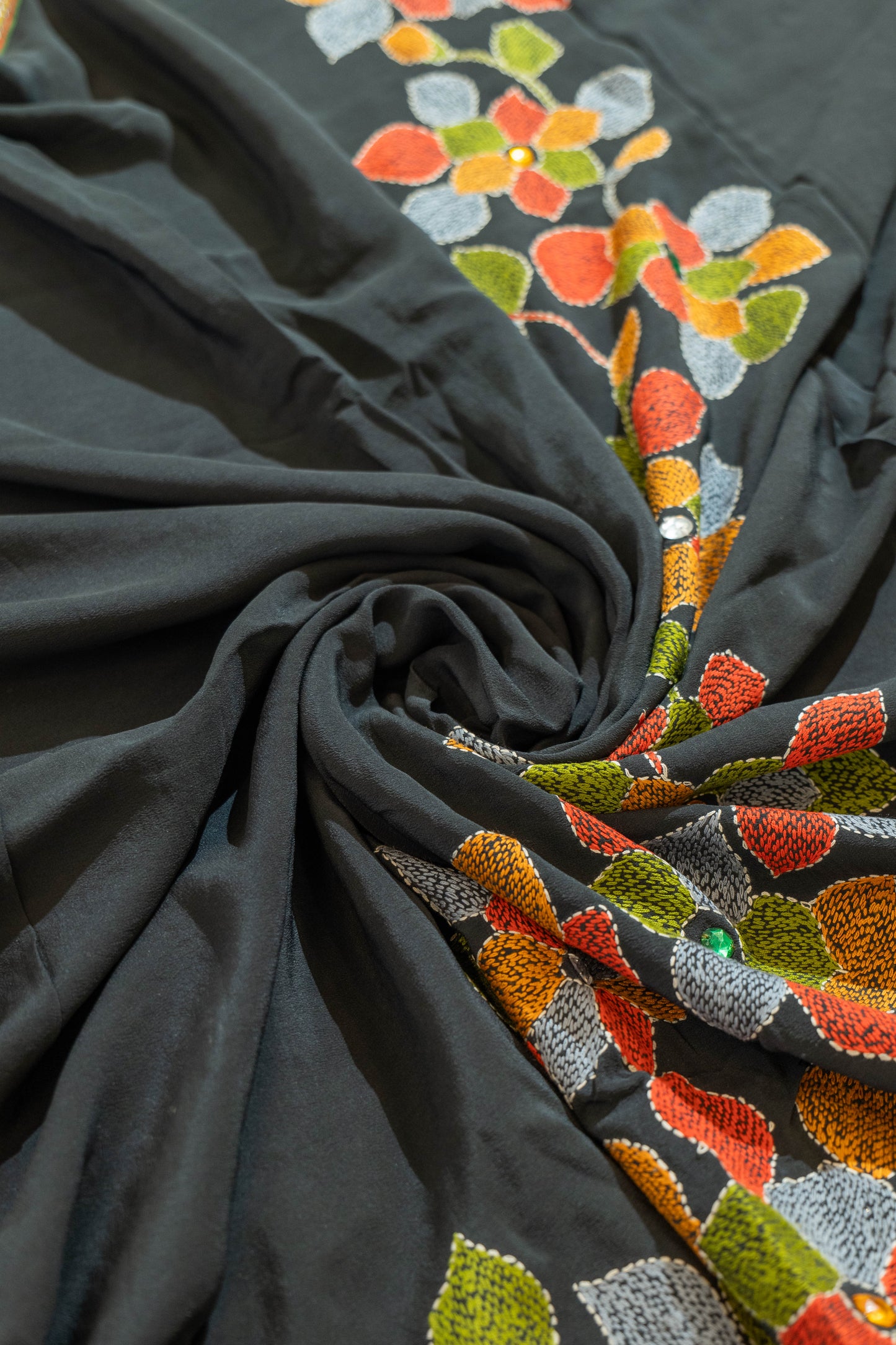 Gourye~Black Kantha Pure Crepe Silk Saree