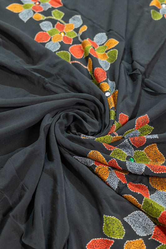 Gourye~Black Kantha Pure Crepe Silk Saree