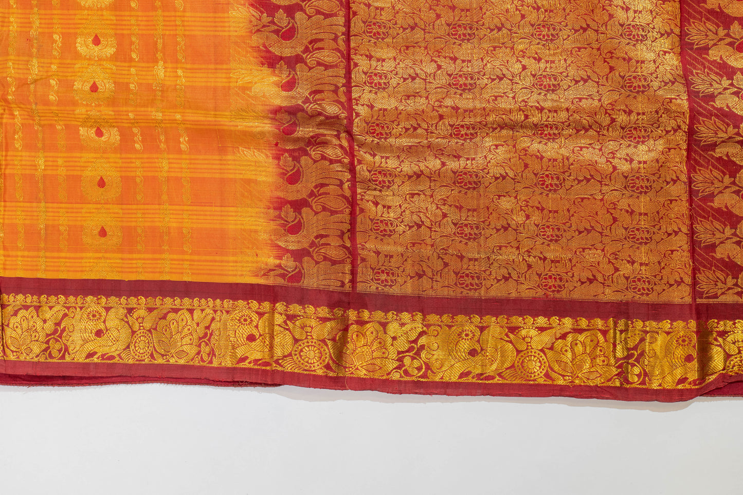 Kundalini~Korvai Kanjivaram Pure Silk Saree Yellow Maroon