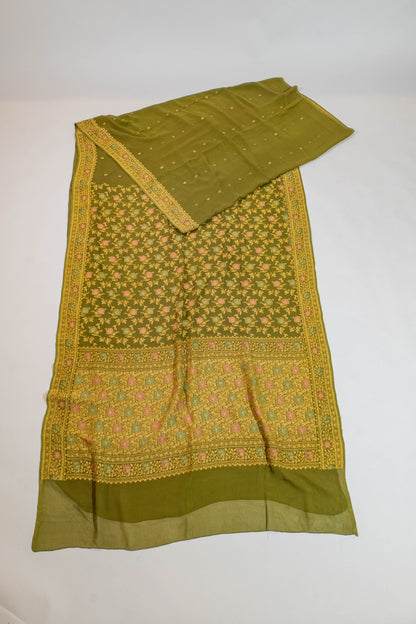 Durgmoha~Olive Green Khaddi Georgette Banarsee Saree