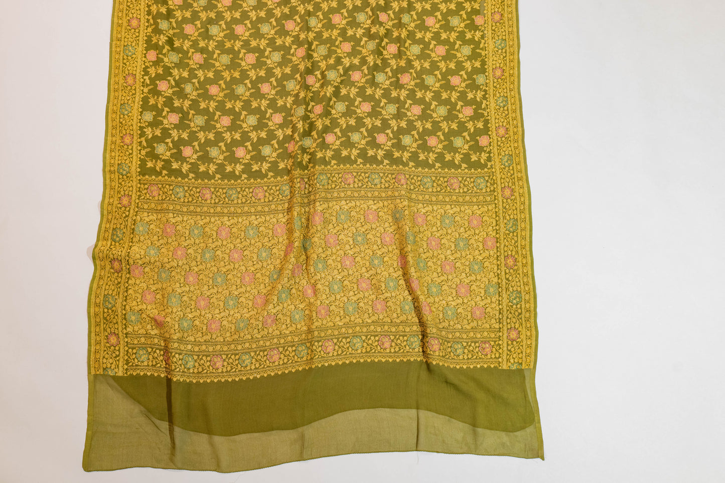 Durgmoha~Olive Green Khaddi Georgette Banarsee Saree
