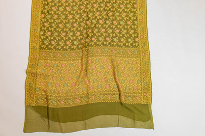 Durgmoha~Olive Green Khaddi Georgette Banarsee Saree