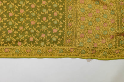 Durgmoha~Olive Green Khaddi Georgette Banarsee Saree