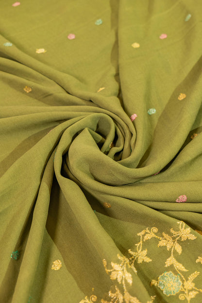 Durgmoha~Olive Green Khaddi Georgette Banarsee Saree