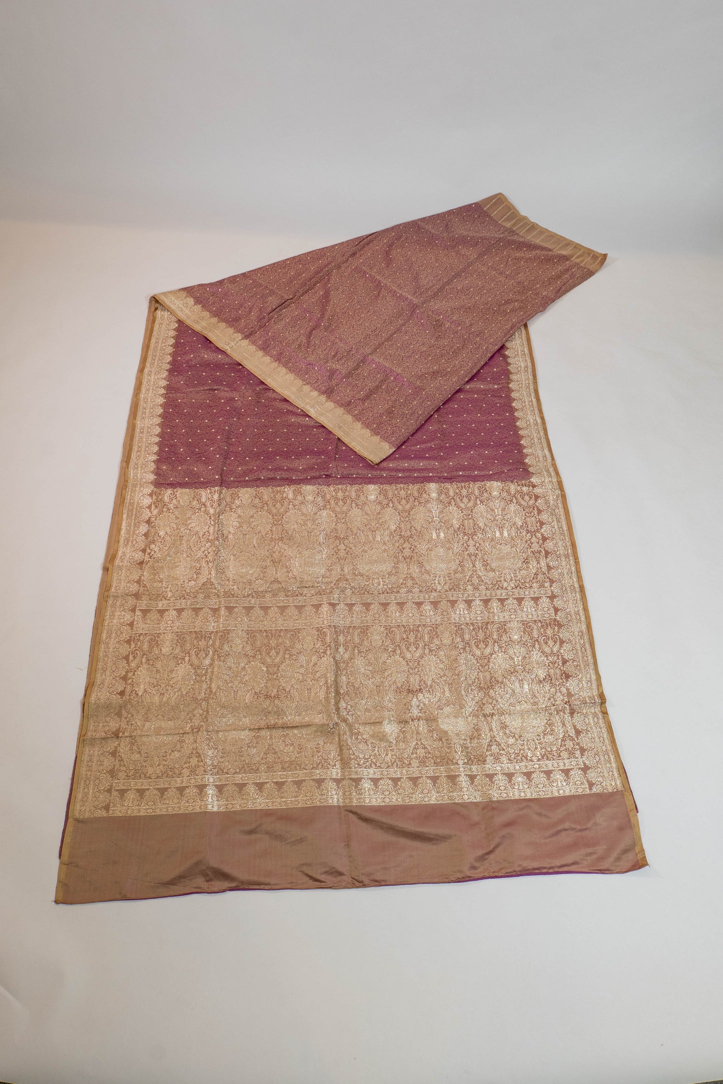 Durgbhama~Beige Pink Tanchoi Saree