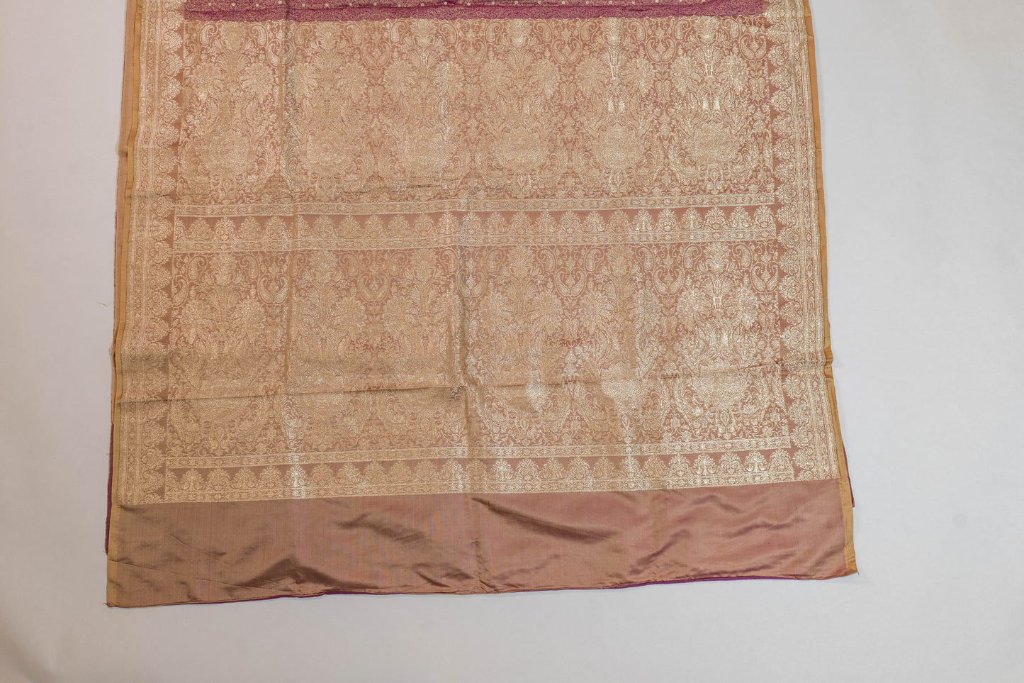 Durgbhama~Beige Pink Tanchoi Saree