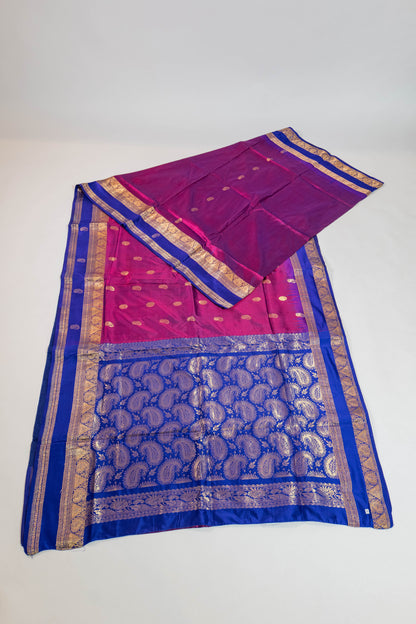 Bhadra~Magenta & Blue Pure Silk Dharmavaram Saree