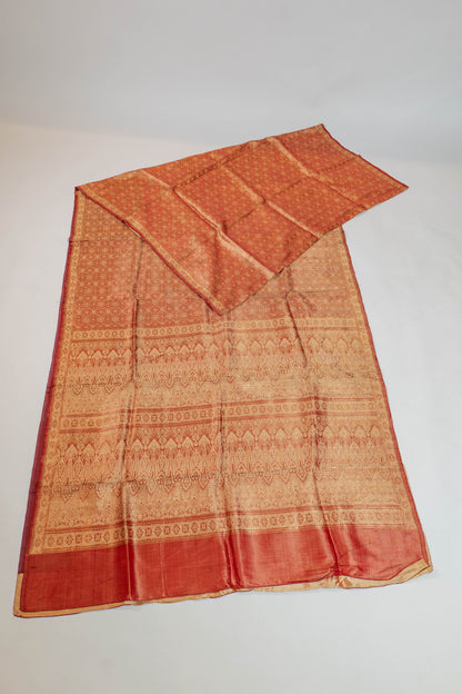 Suvarna~Reddish Golden Kimkhaab Tanchoi Bnaarsee Saree