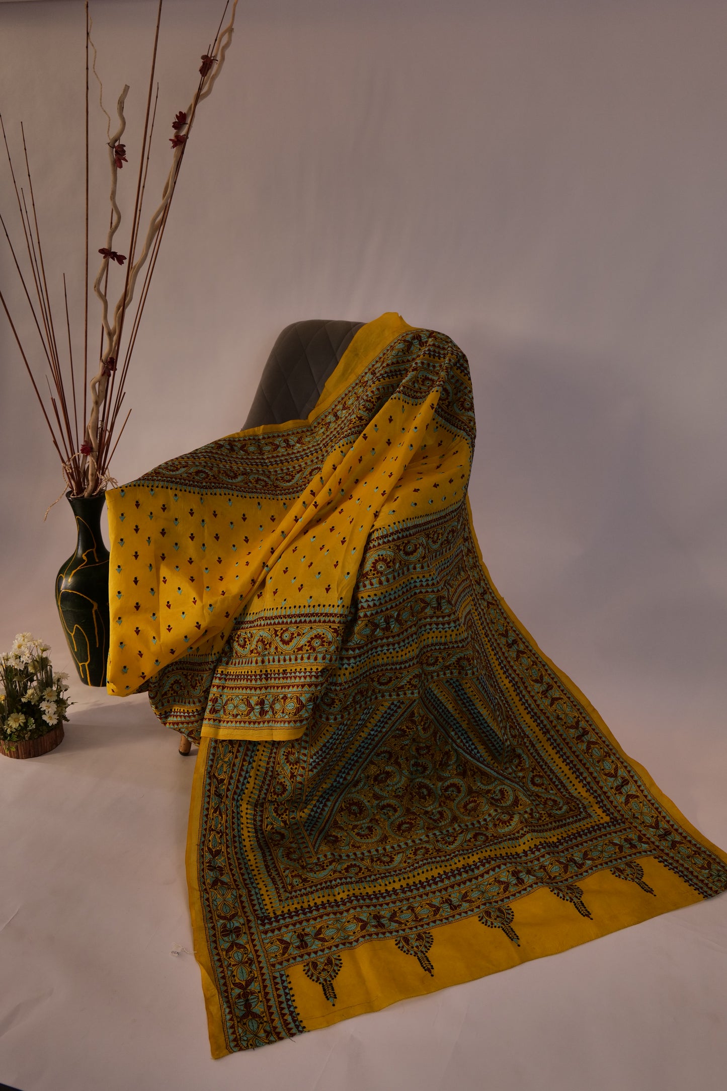 Gatha~Kantha Saree Yellow