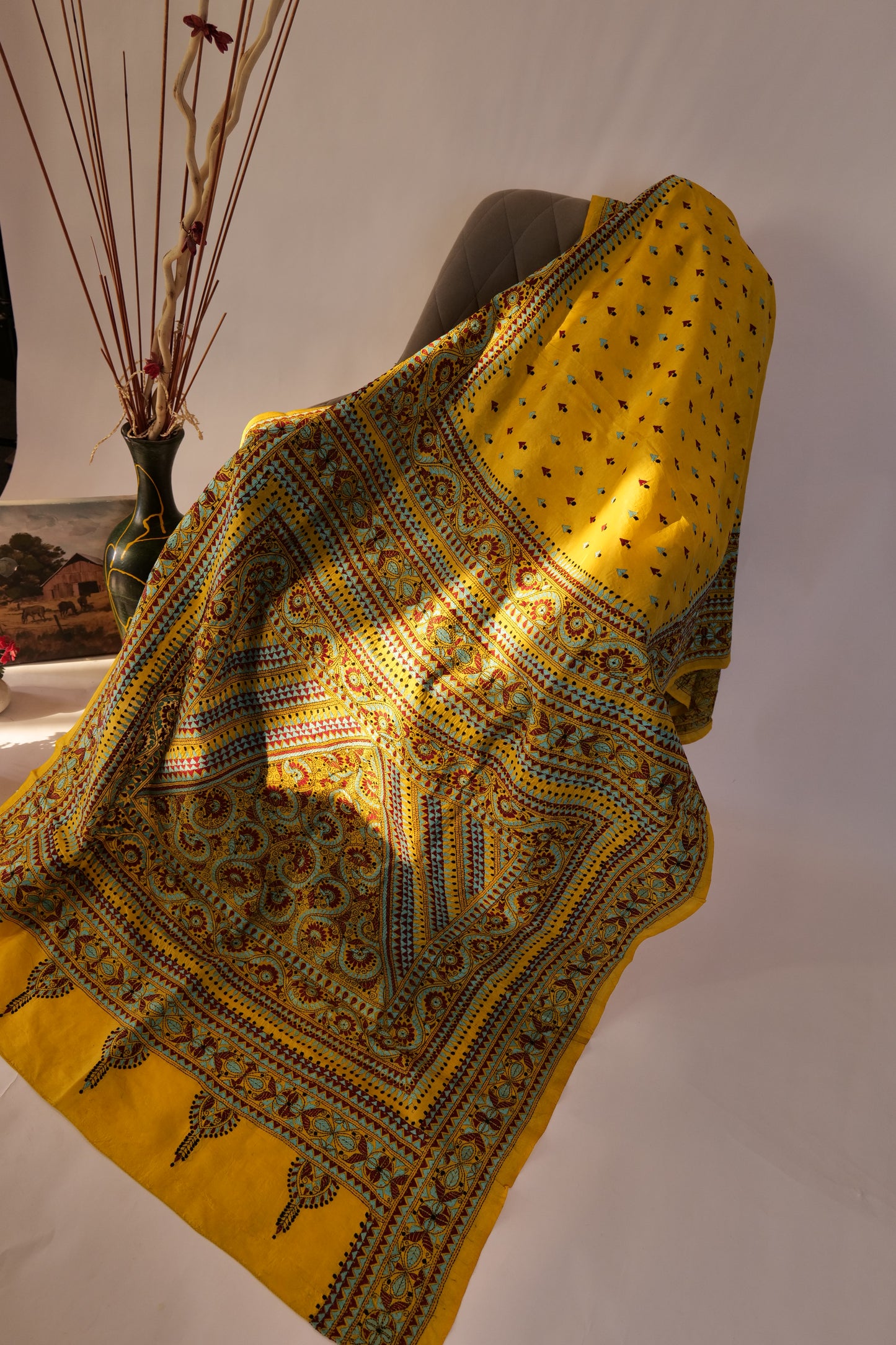 Gatha~Kantha Saree Yellow