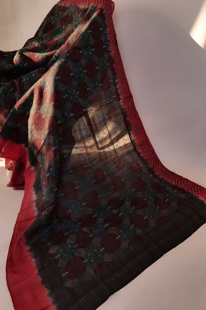 Shlok~Kantha Saree Maroon Black