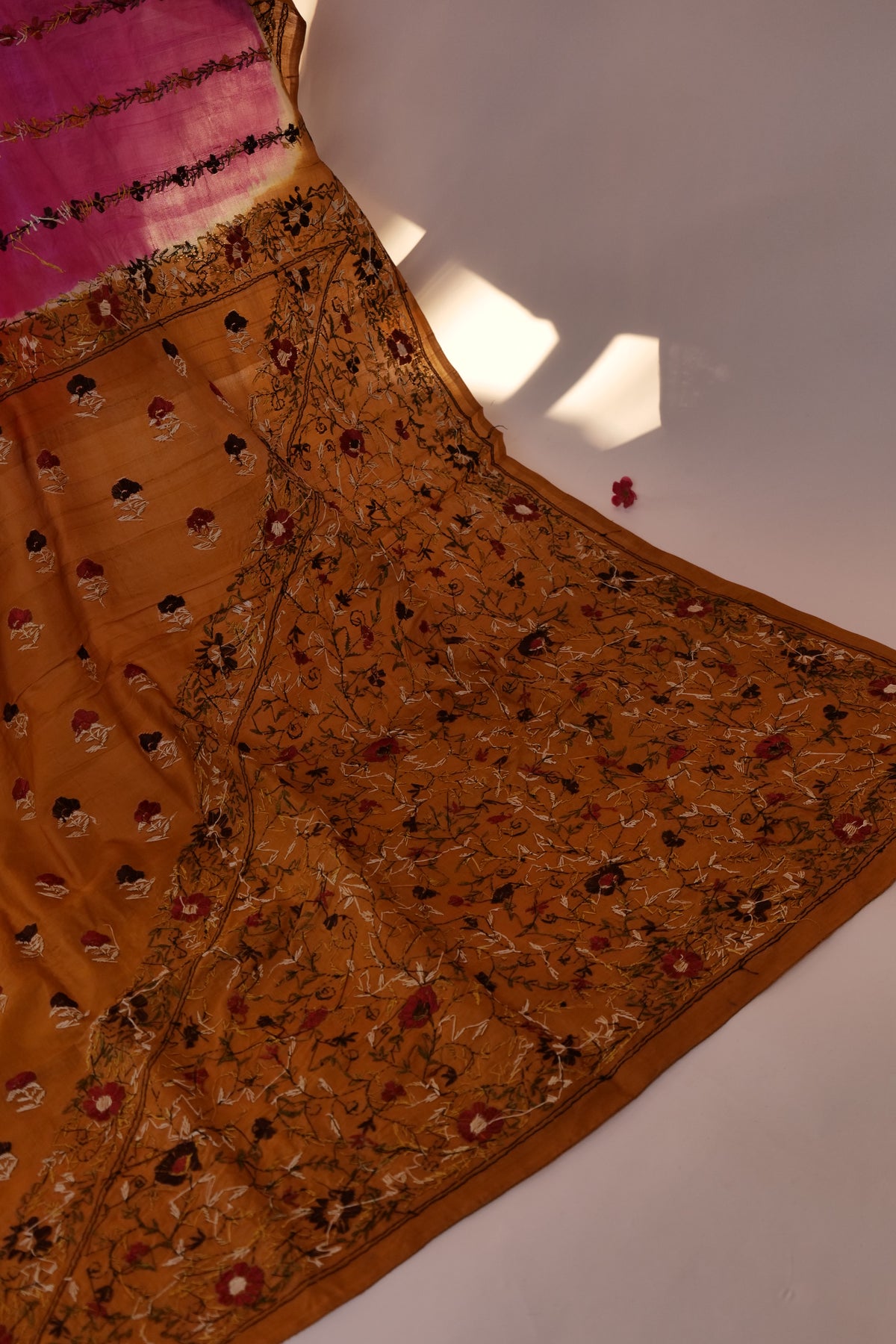 Samay~Hand Embroidered Saree Pink Ochre