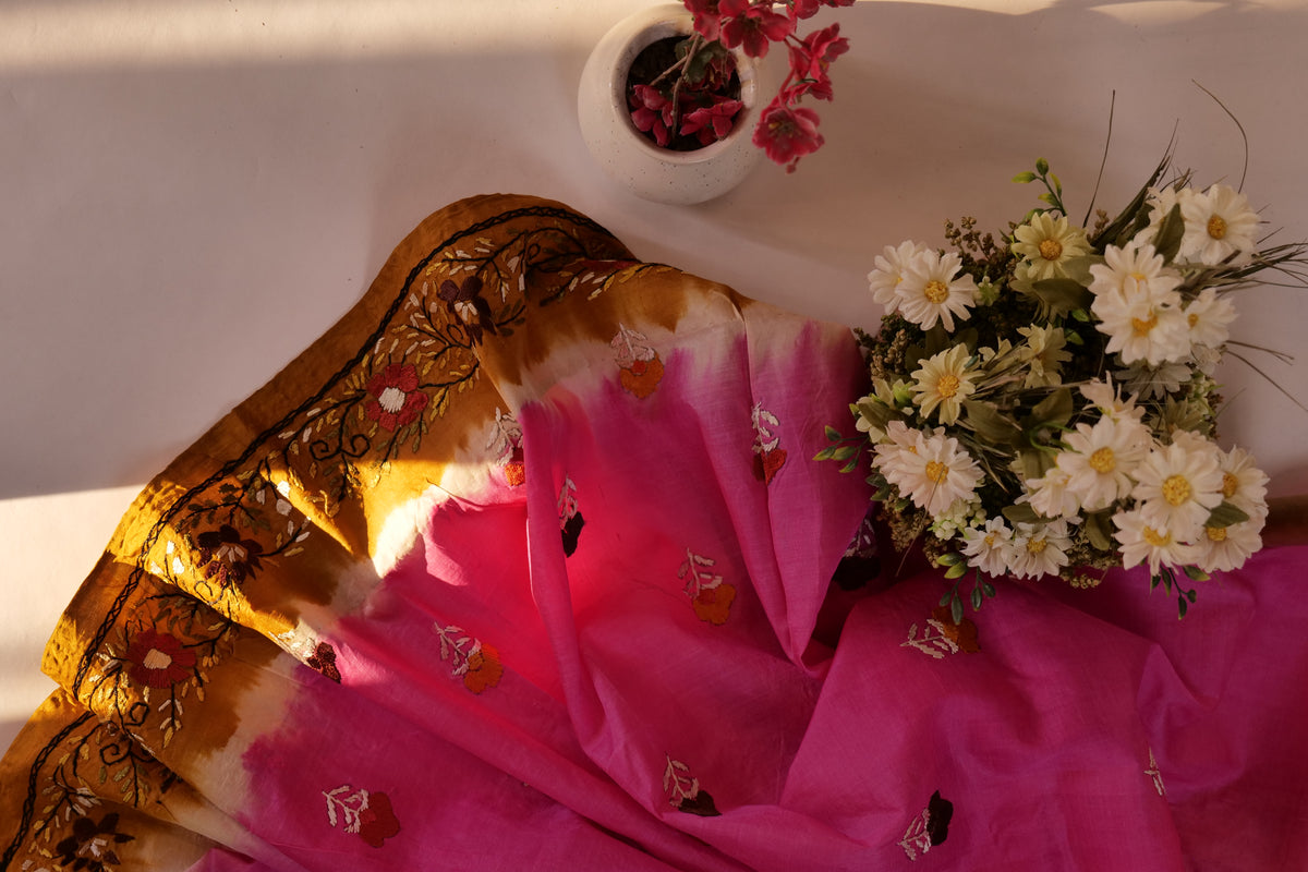 Samay~Hand Embroidered Saree Pink Ochre
