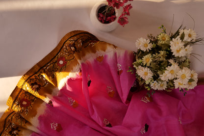Samay~Hand Embroidered Saree Pink Ochre