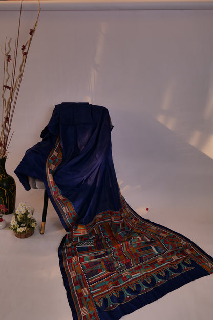 Kathan~Abstract Kantha Saree Navy Blue