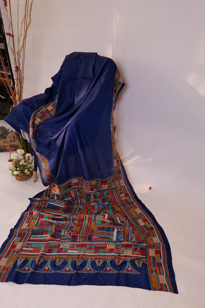 Kathan~Abstract Kantha Saree Navy Blue