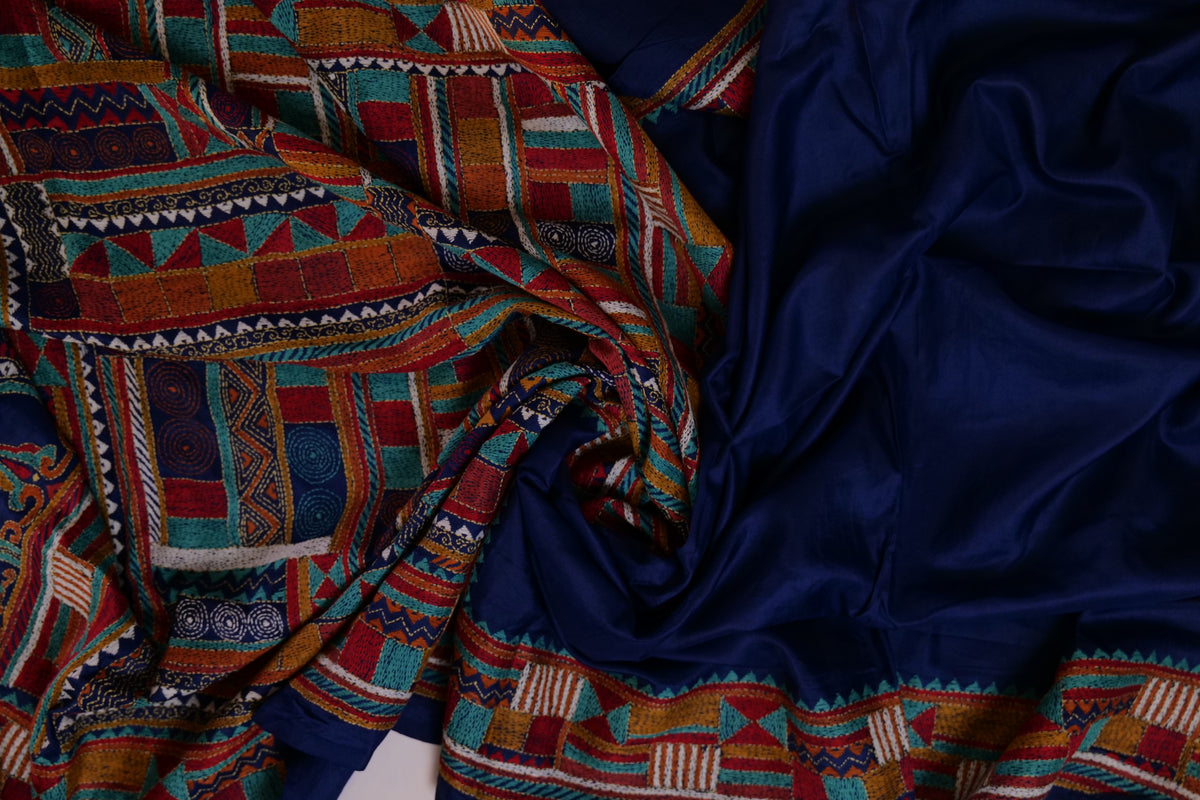 Kathan~Abstract Kantha Saree Navy Blue