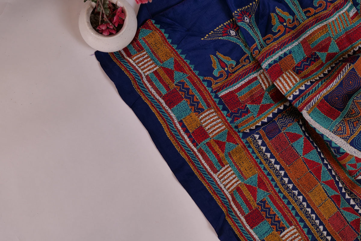 Kathan~Abstract Kantha Saree Navy Blue