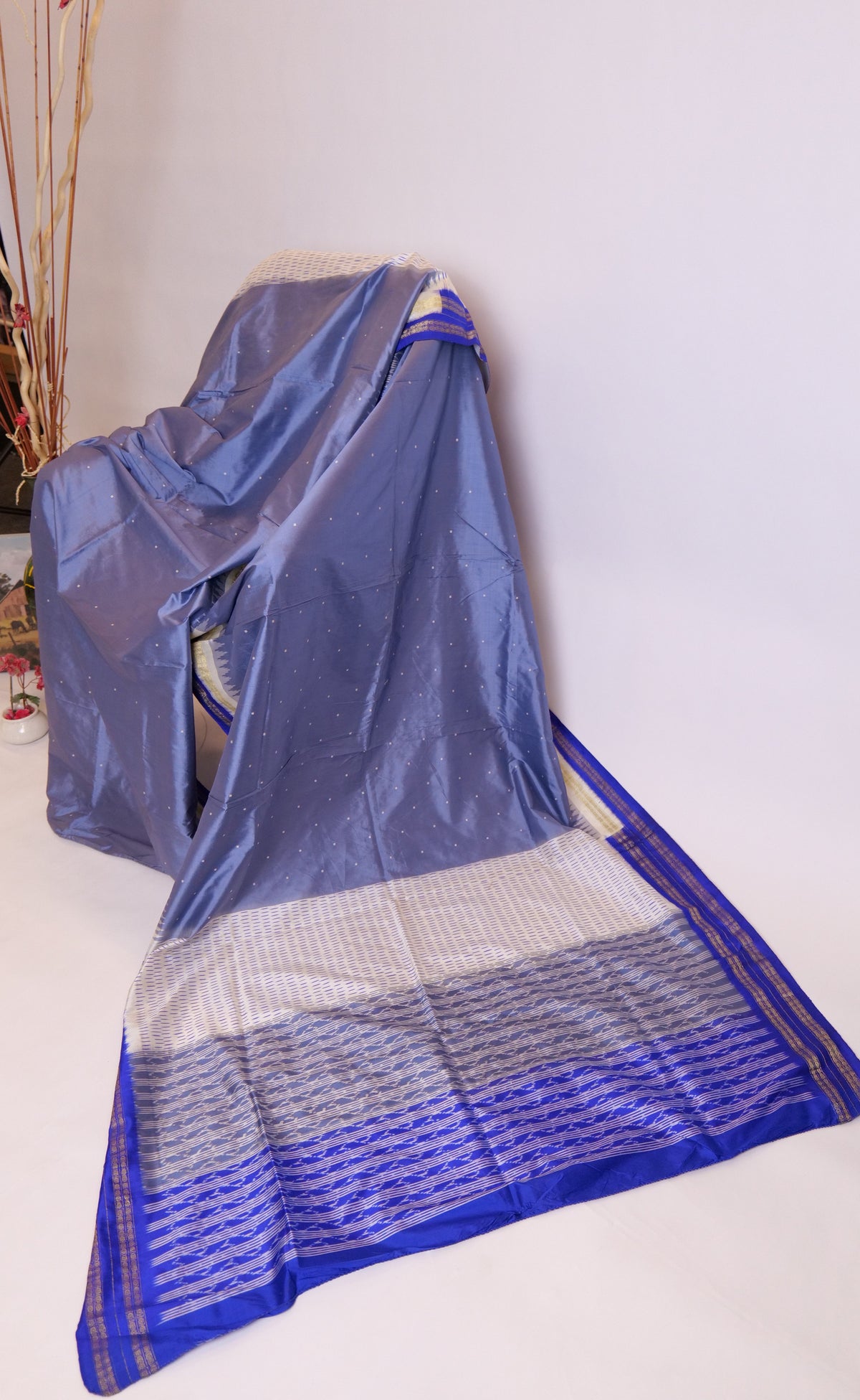 Dhruvi~Ikkat Saree Grey & Blue