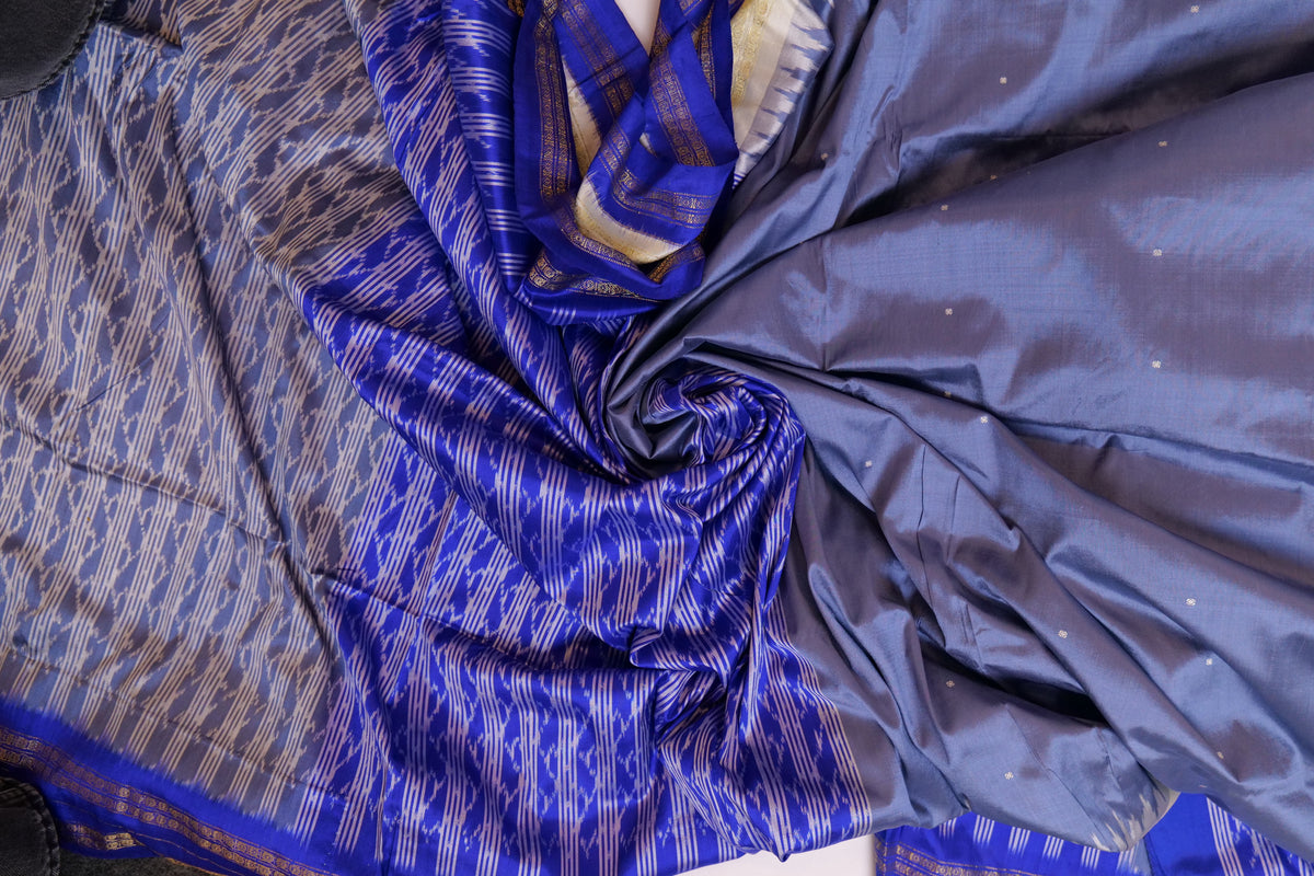 Dhruvi~Ikkat Saree Grey & Blue