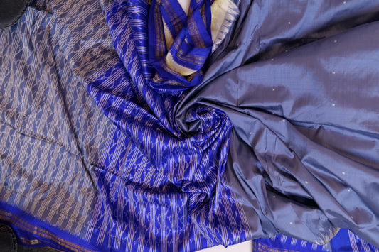 Dhruvi~Ikkat Saree Grey & Blue