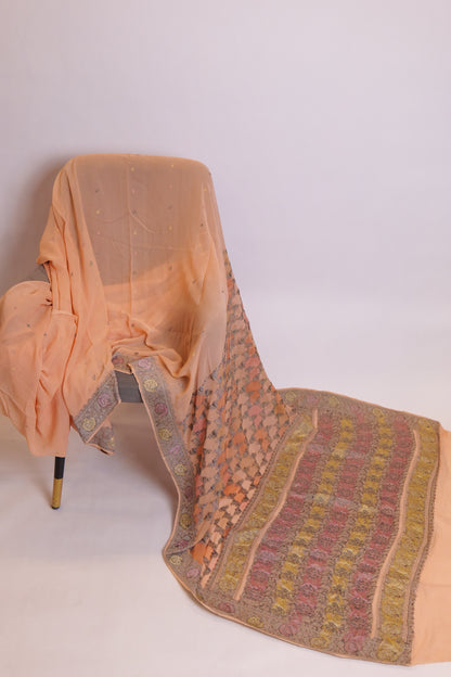 Nazm~Khaddi Georgette Banarsee Peach