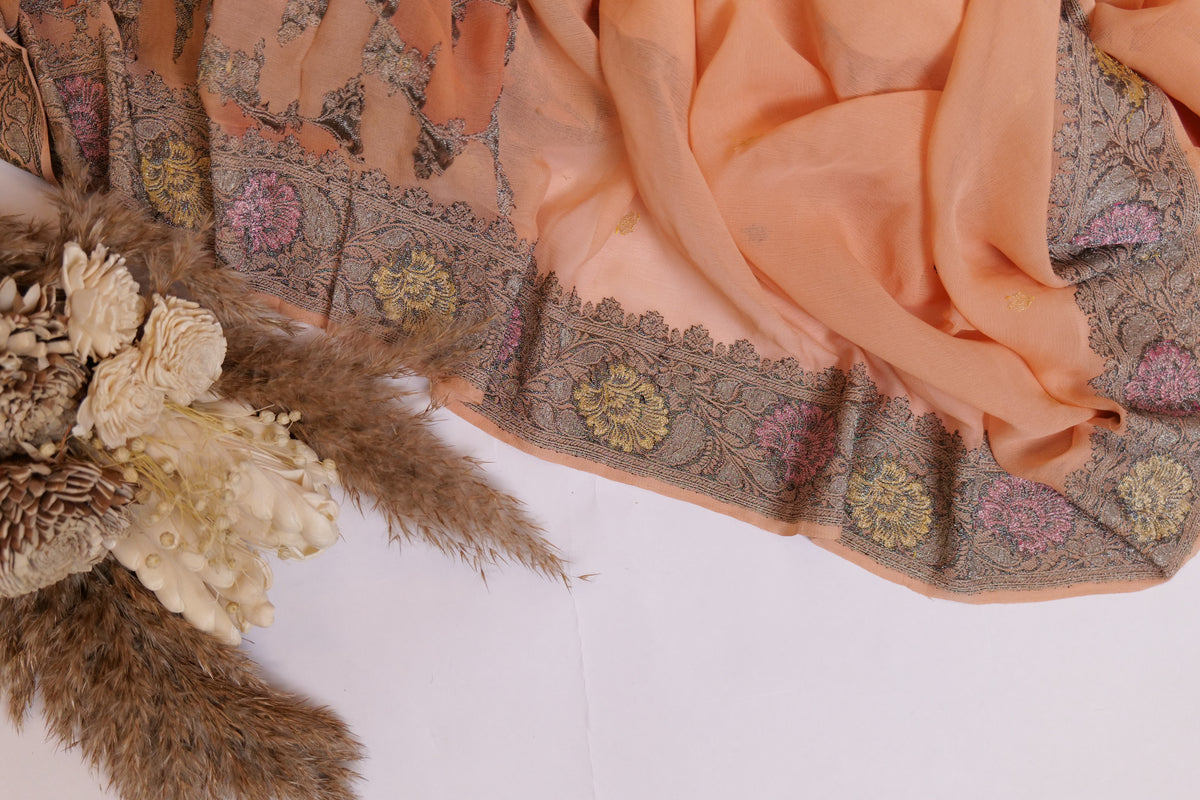 Nazm~Khaddi Georgette Banarsee Peach