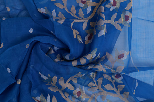 Neelabh~Muslin Jamdani saree Blue
