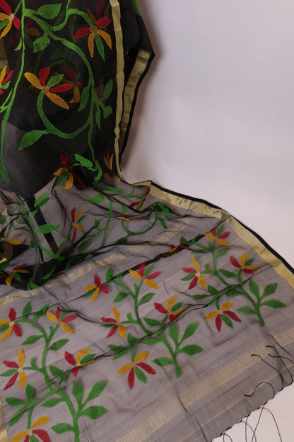 Kohinoor~Muslin Jamdani saree Black Multicolor