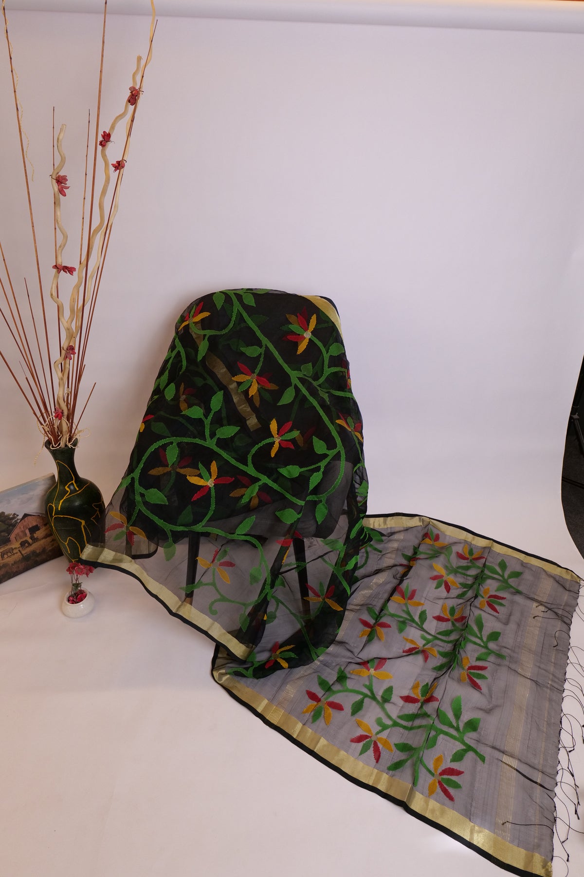 Kohinoor~Muslin Jamdani saree Black Multicolor