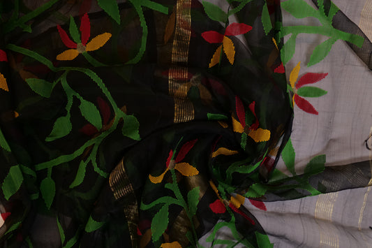 Kohinoor~Muslin Jamdani saree Black Multicolor