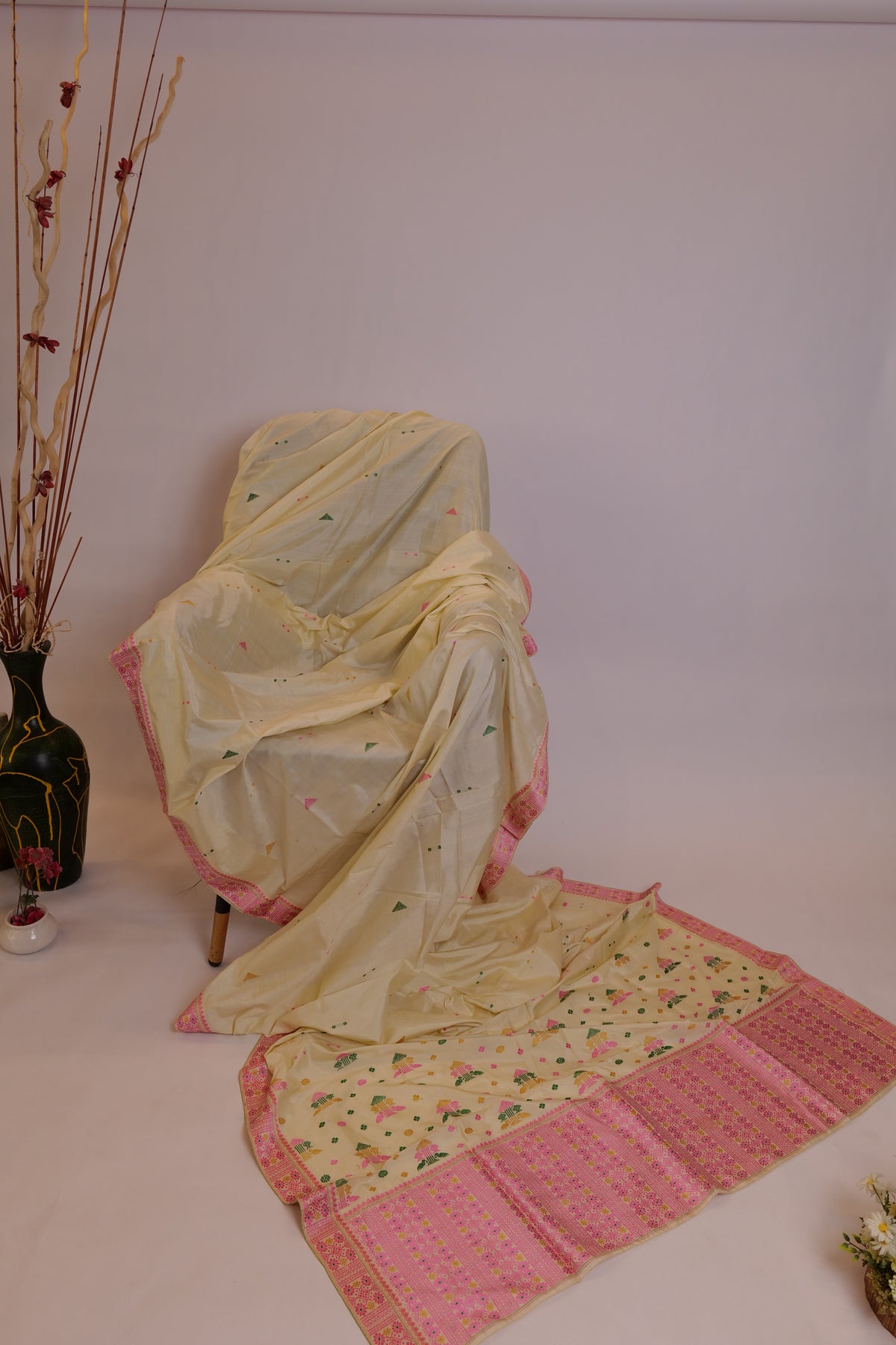 Aparna~Assam Mulberry Silk Off White & Pink