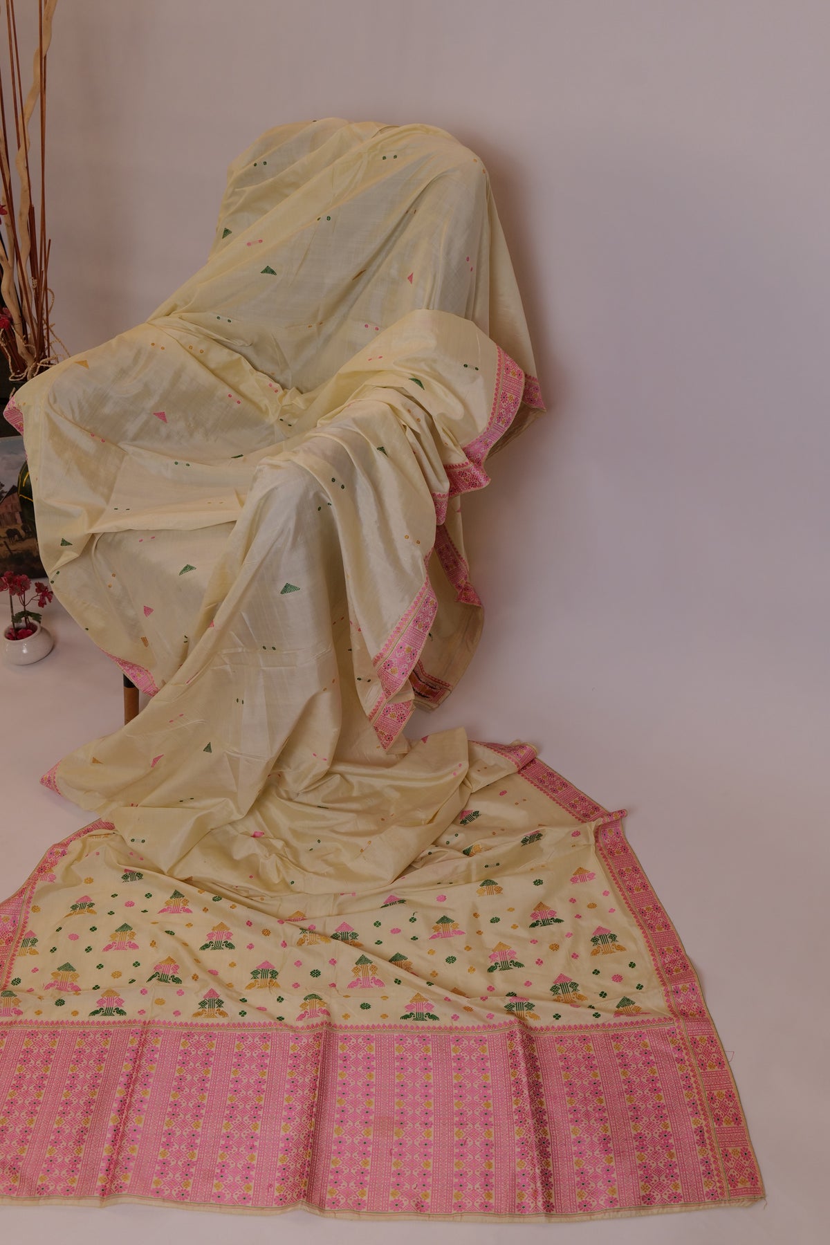 Aparna~Assam Mulberry Silk Off White & Pink