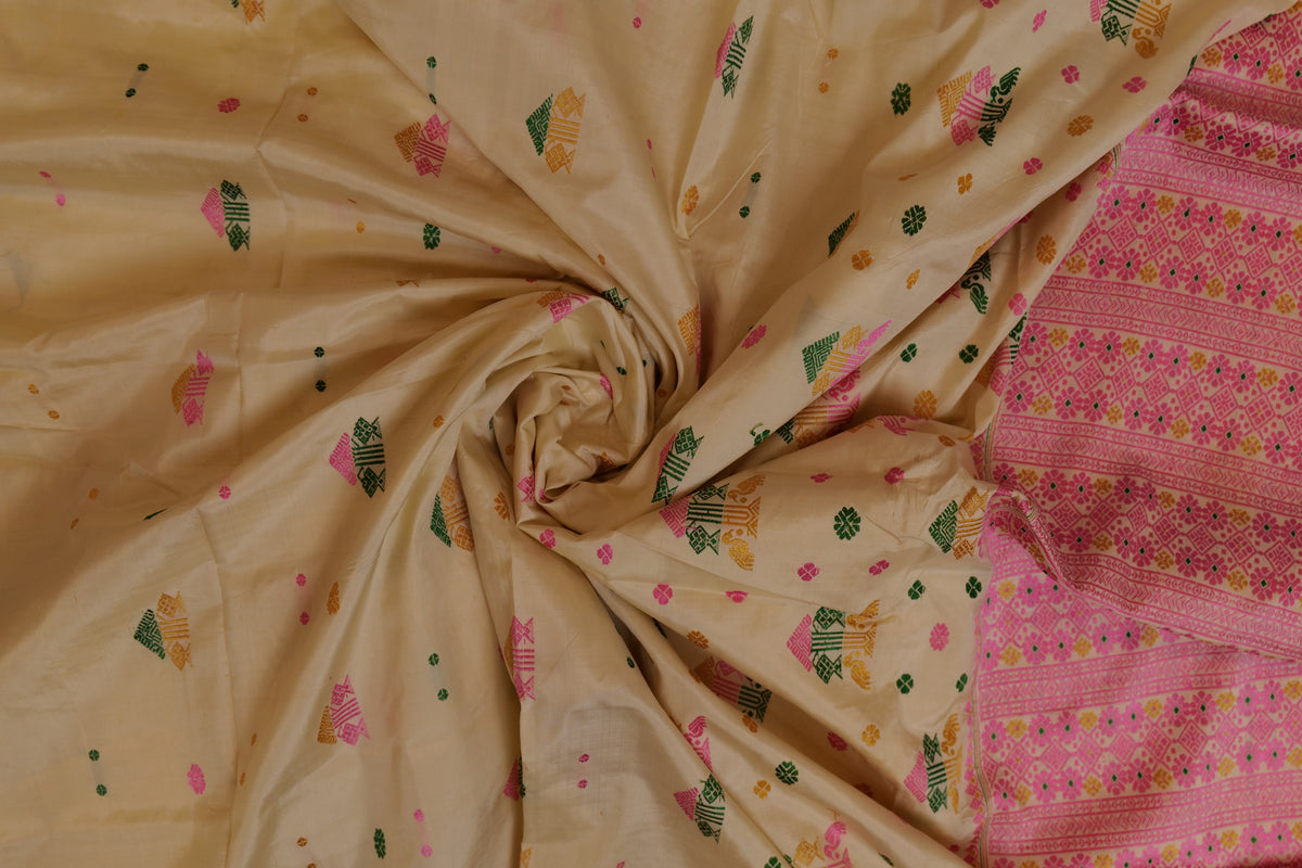 Aparna~Assam Mulberry Silk Off White & Pink