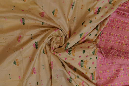 Aparna~Assam Mulberry Silk Off White & Pink