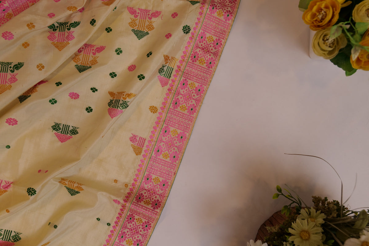 Aparna~Assam Mulberry Silk Off White & Pink