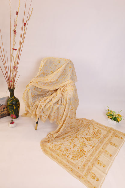 Nirvana~Kantha Saree- Shaded Yellow Embroidery